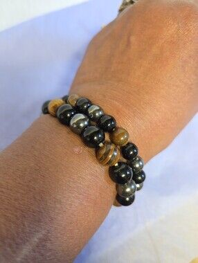 2 Unisex Triple Protection Gemstone Stretch Stack or Share Bracelets.